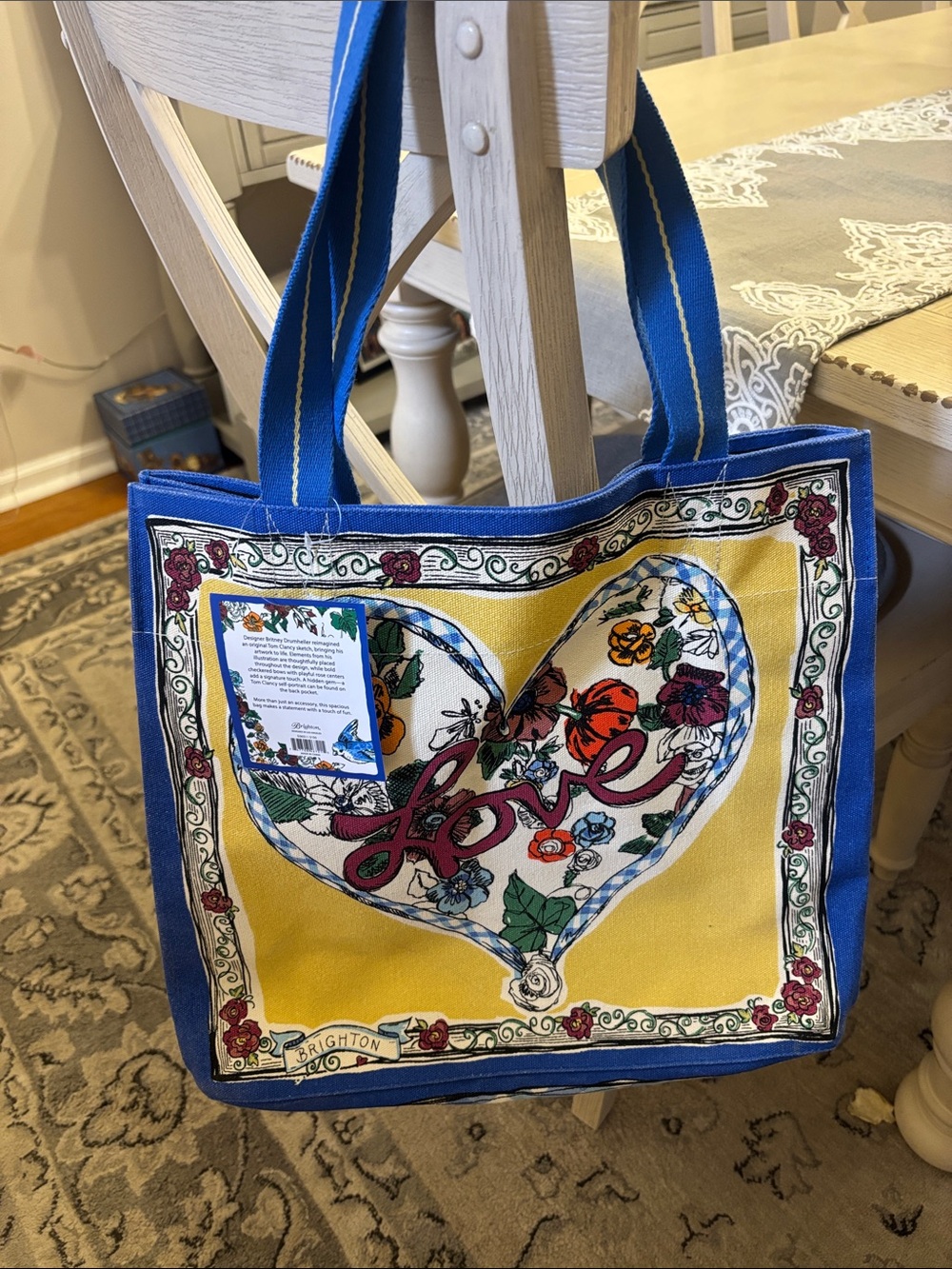 Brighton Blue and Yellow Floral Heart 'Love' Canvas Tote tied with love tote